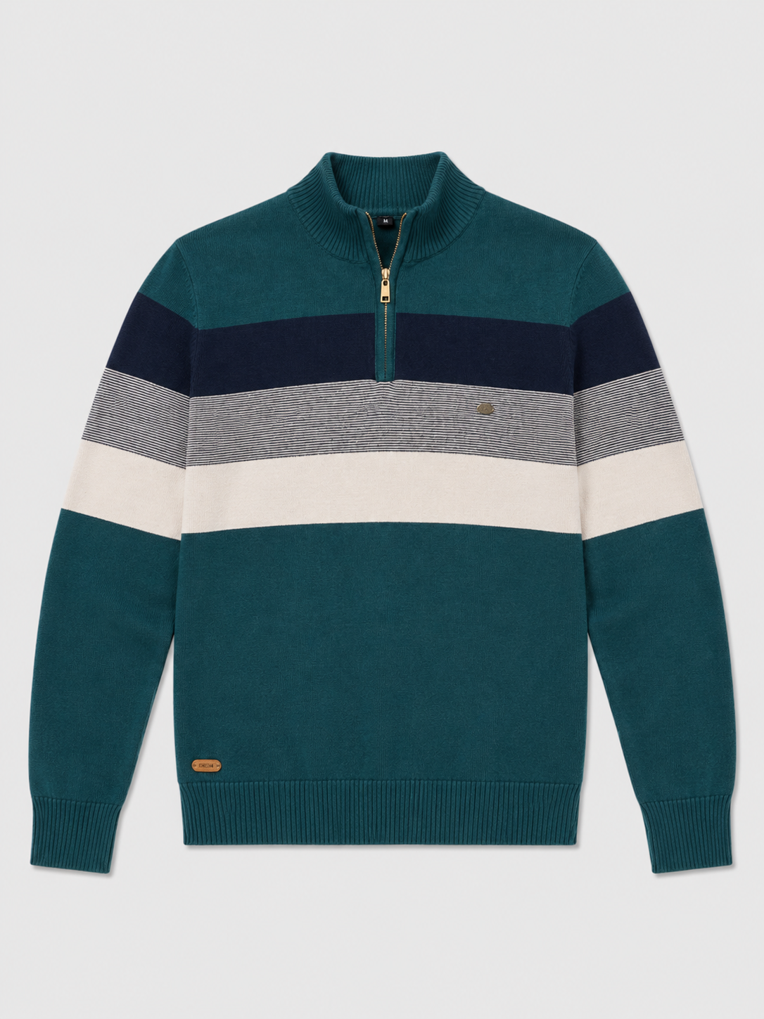 Green men’s patchwork cotton quarter zip sweater with mock neck displayed on a plain background