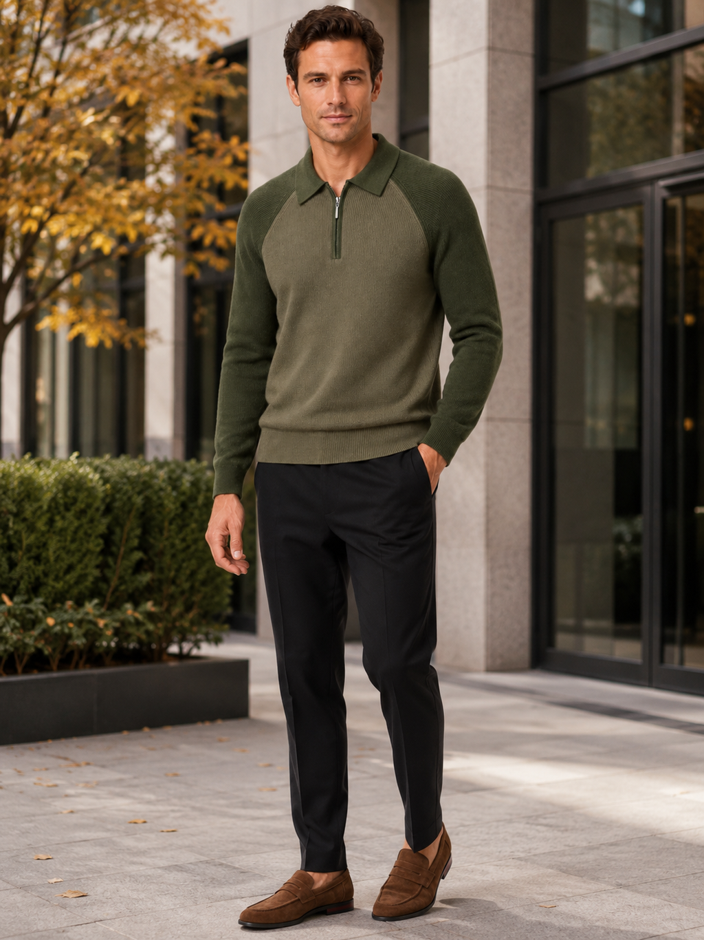 Man wearing a green slim fit quarter zip polo sweater in a business casual fall winter outfit