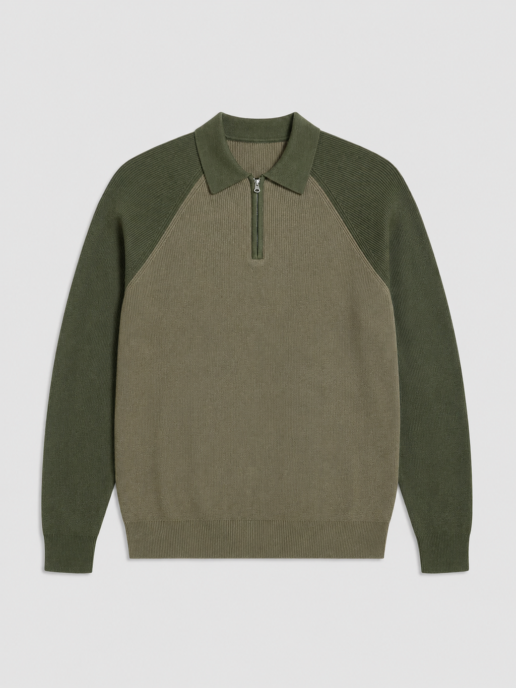 Green men’s slim fit quarter zip polo sweater with long sleeves displayed on a plain background