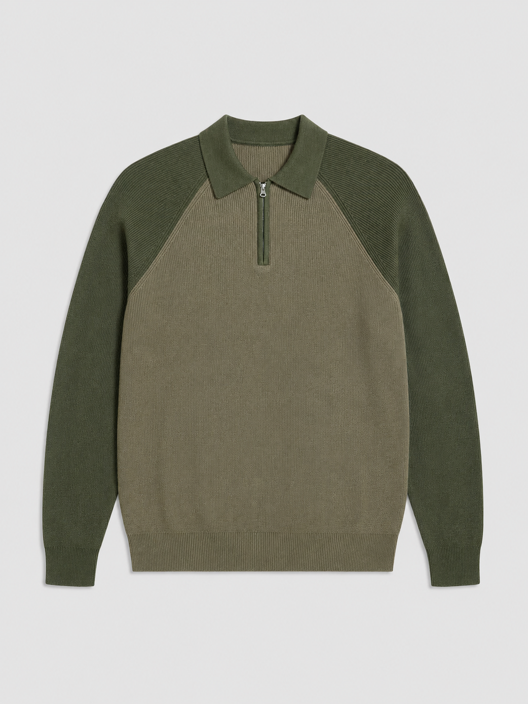 Green men’s slim fit quarter zip polo sweater with long sleeves displayed on a plain background