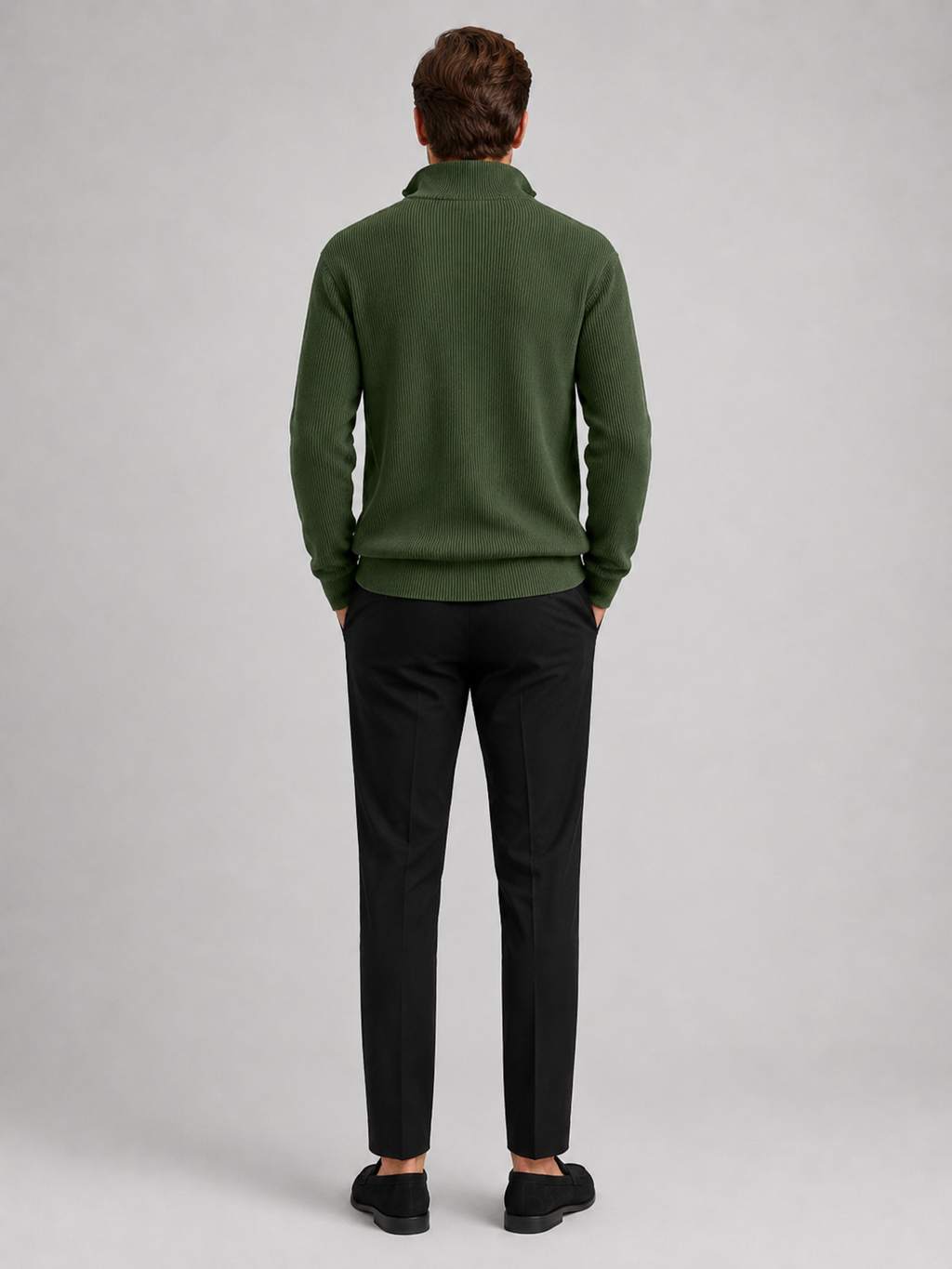 Men’s green stand collar knit sweater comfortable fall winter layer for business casual outfits