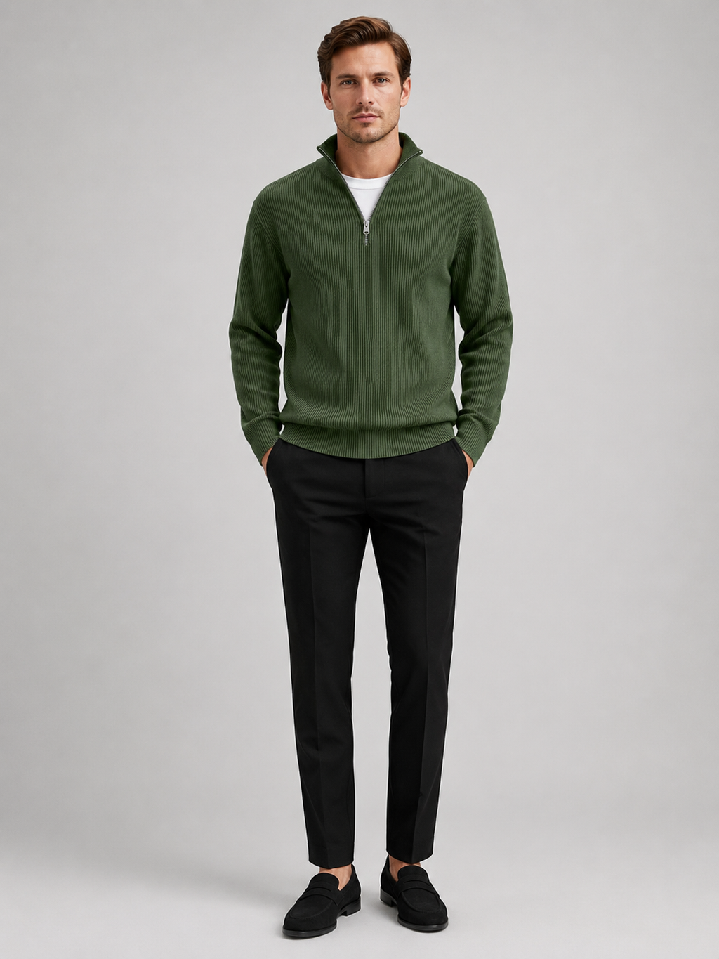 Green ribbed quarter zip sweater for men warm long sleeve pullover for everyday winter wear