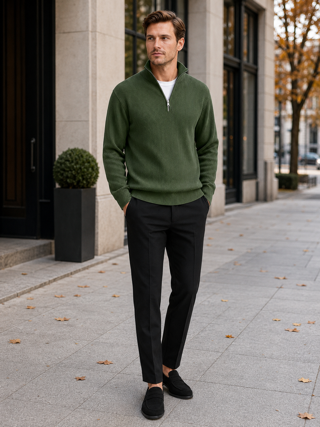 Man styling green ribbed quarter zip sweater in a polished everyday winter lifestyle outfit
