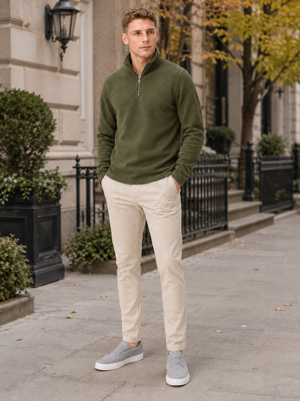 Man styling green quarter zip fleece sweater in a rugged outdoor and winter lifestyle outfit