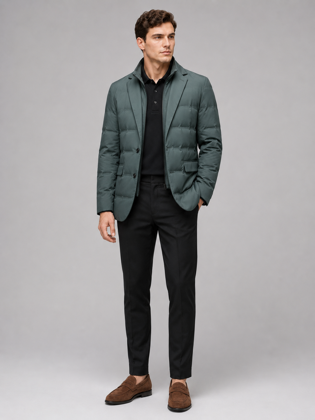 Green quilted jacket for men warm winter casual coat for office and everyday wear