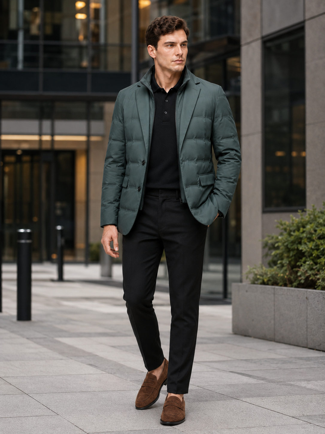 Man styling green quilted jacket in a refined business casual and outdoor winter lifestyle outfit
