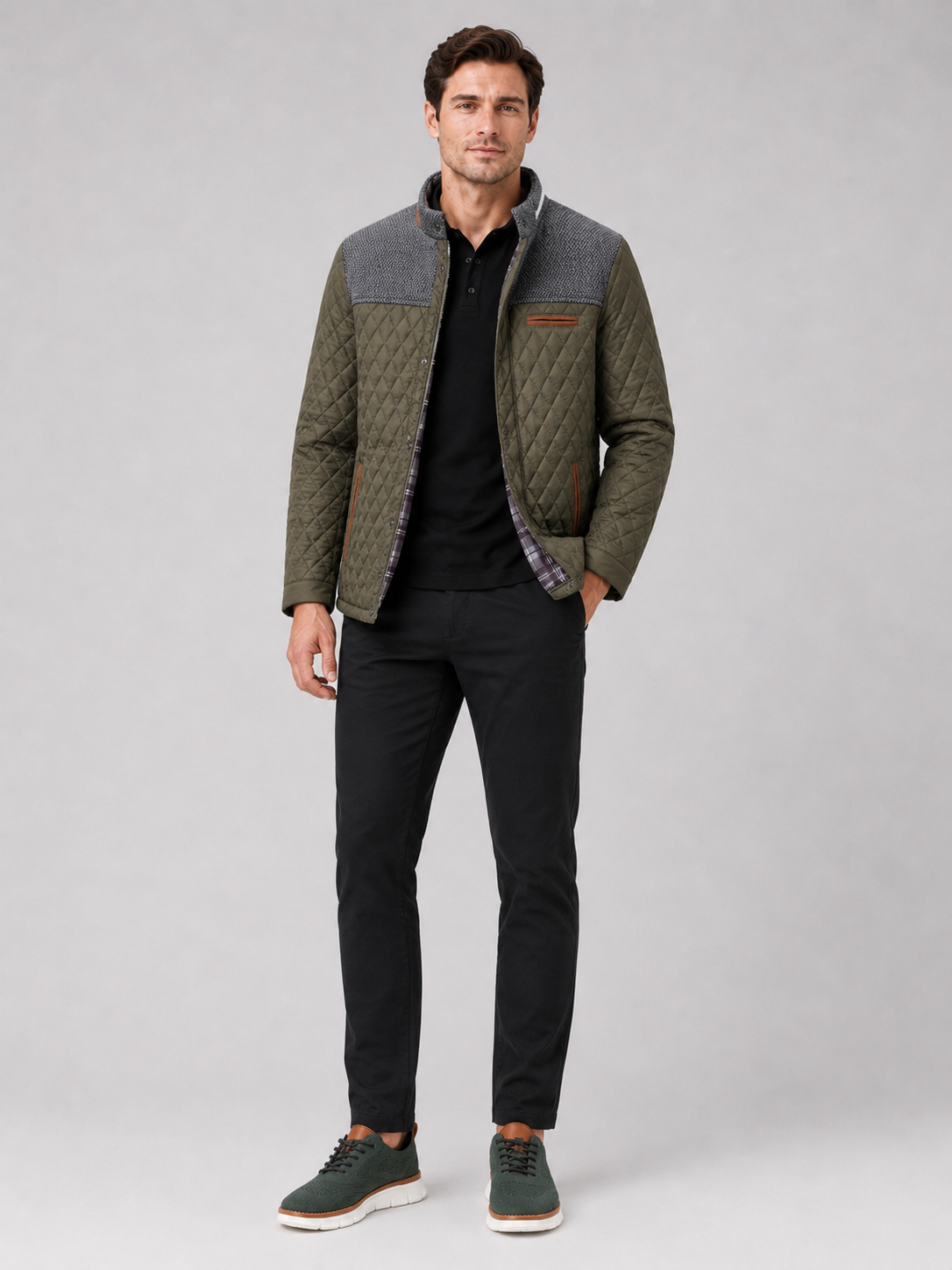 Green quilted jacket for men lightweight fall outerwear for everyday and travel wear