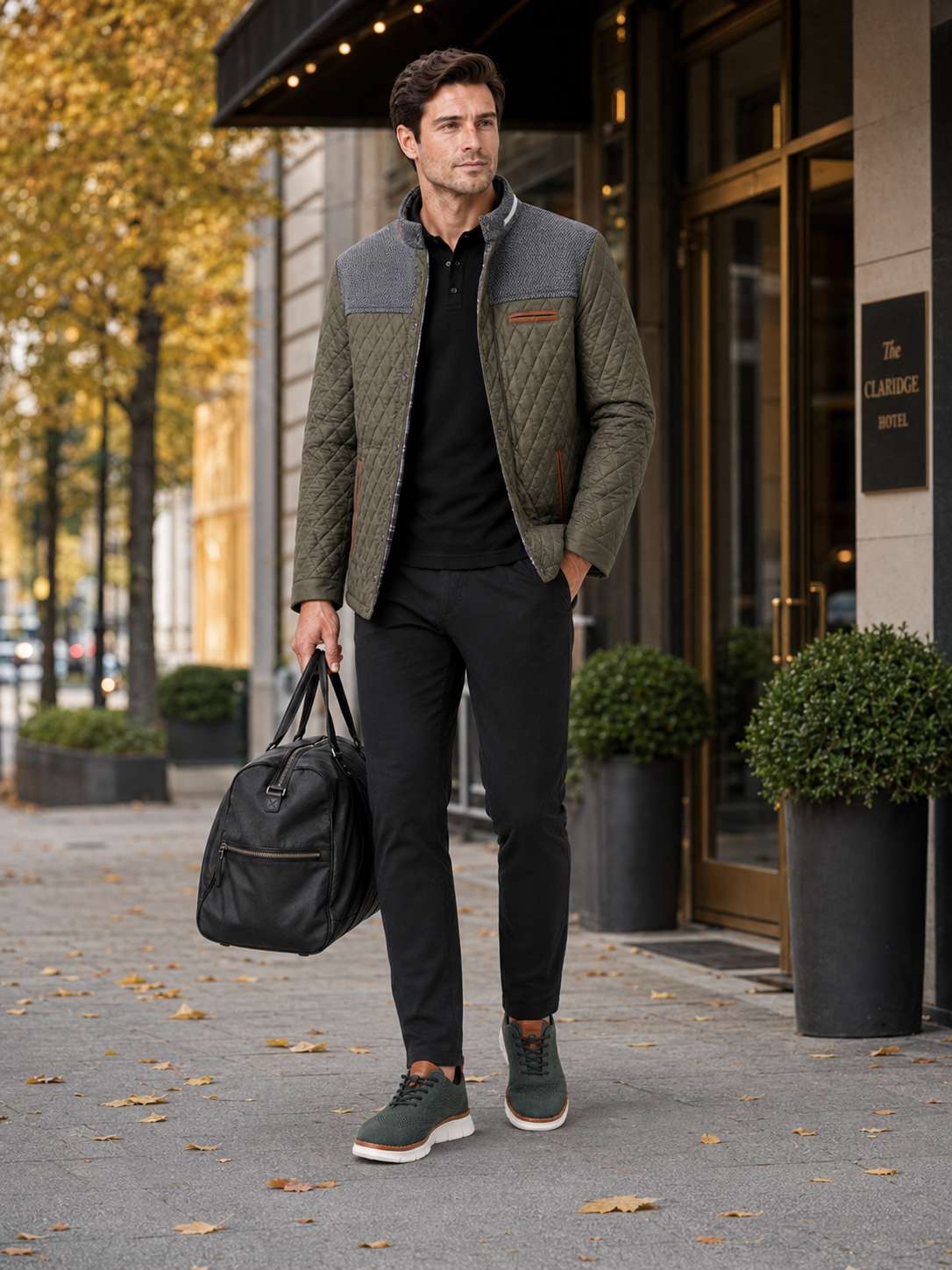 Man styling green quilted jacket in a rugged travel and everyday lifestyle outfit