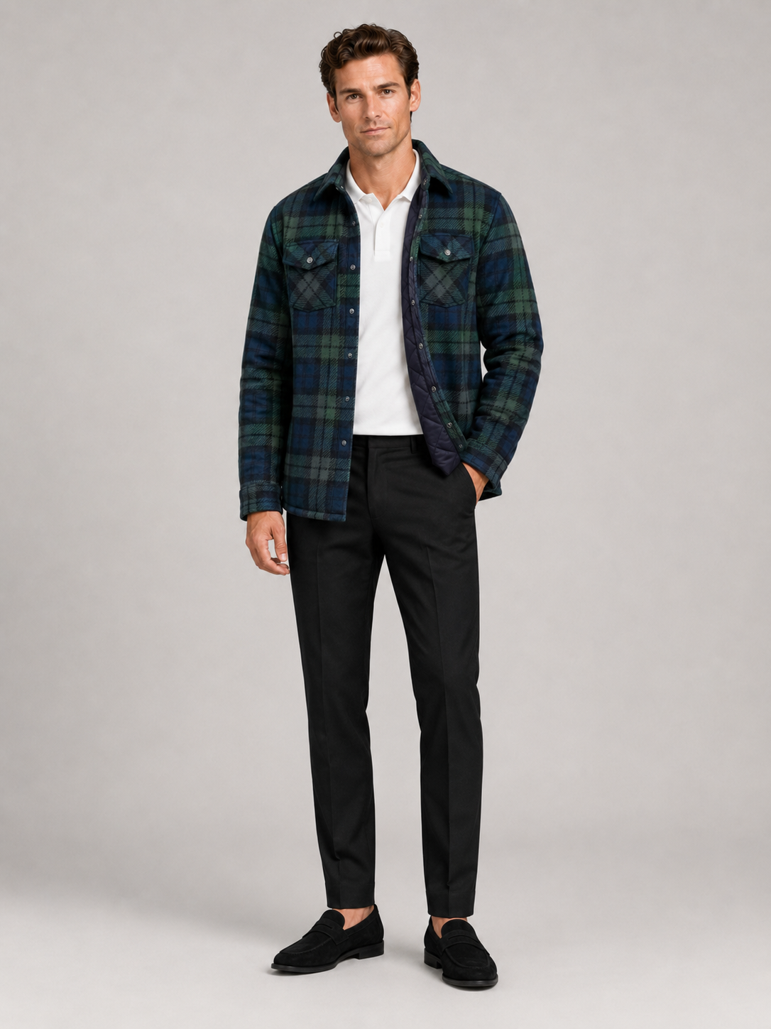 Green quilted jacket for men plaid flannel lined warm fall winter outerwear for everyday wear