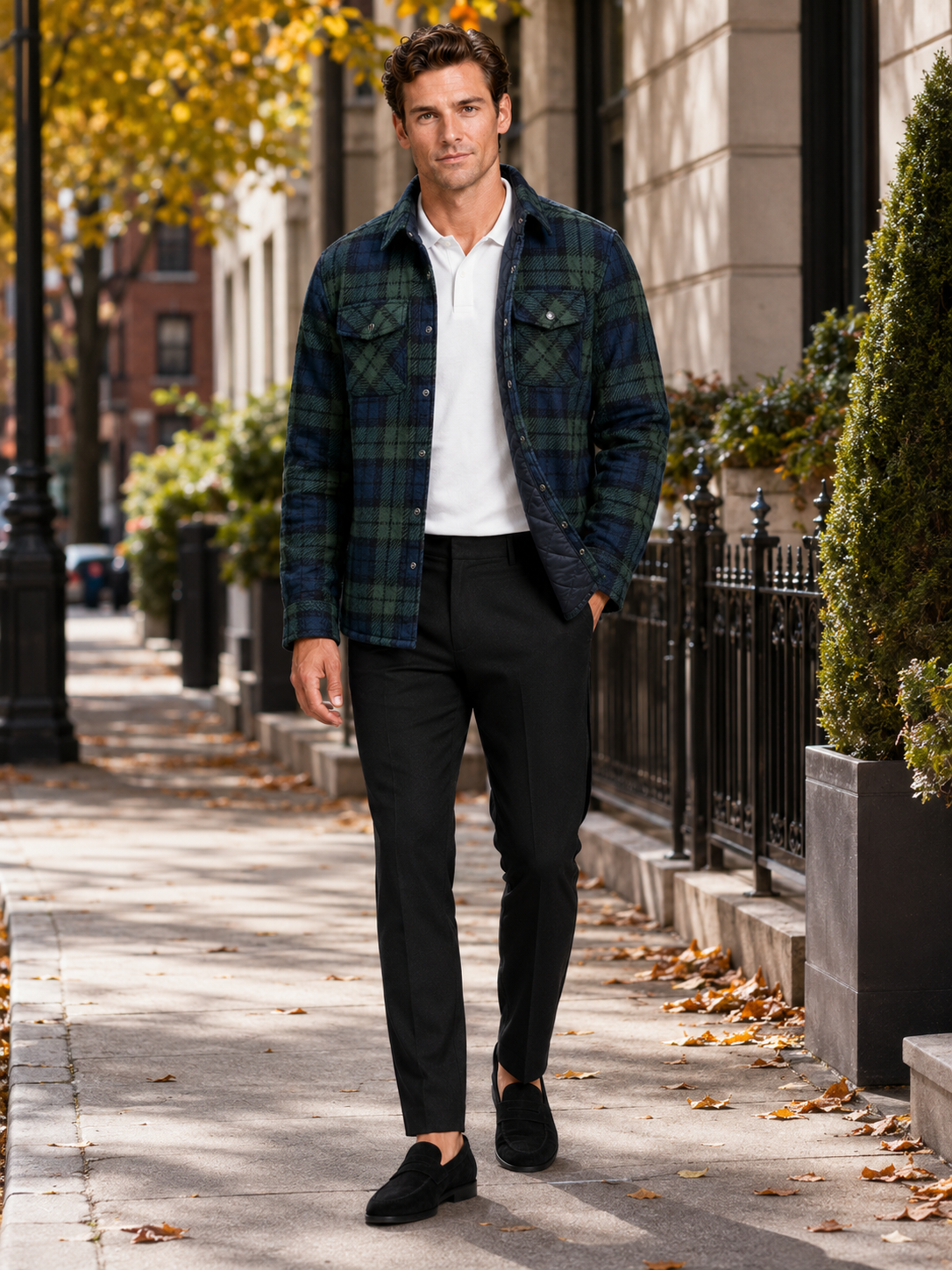 Man styling green quilted jacket with plaid flannel lining in a rugged outdoor and everyday winter lifestyle outfit