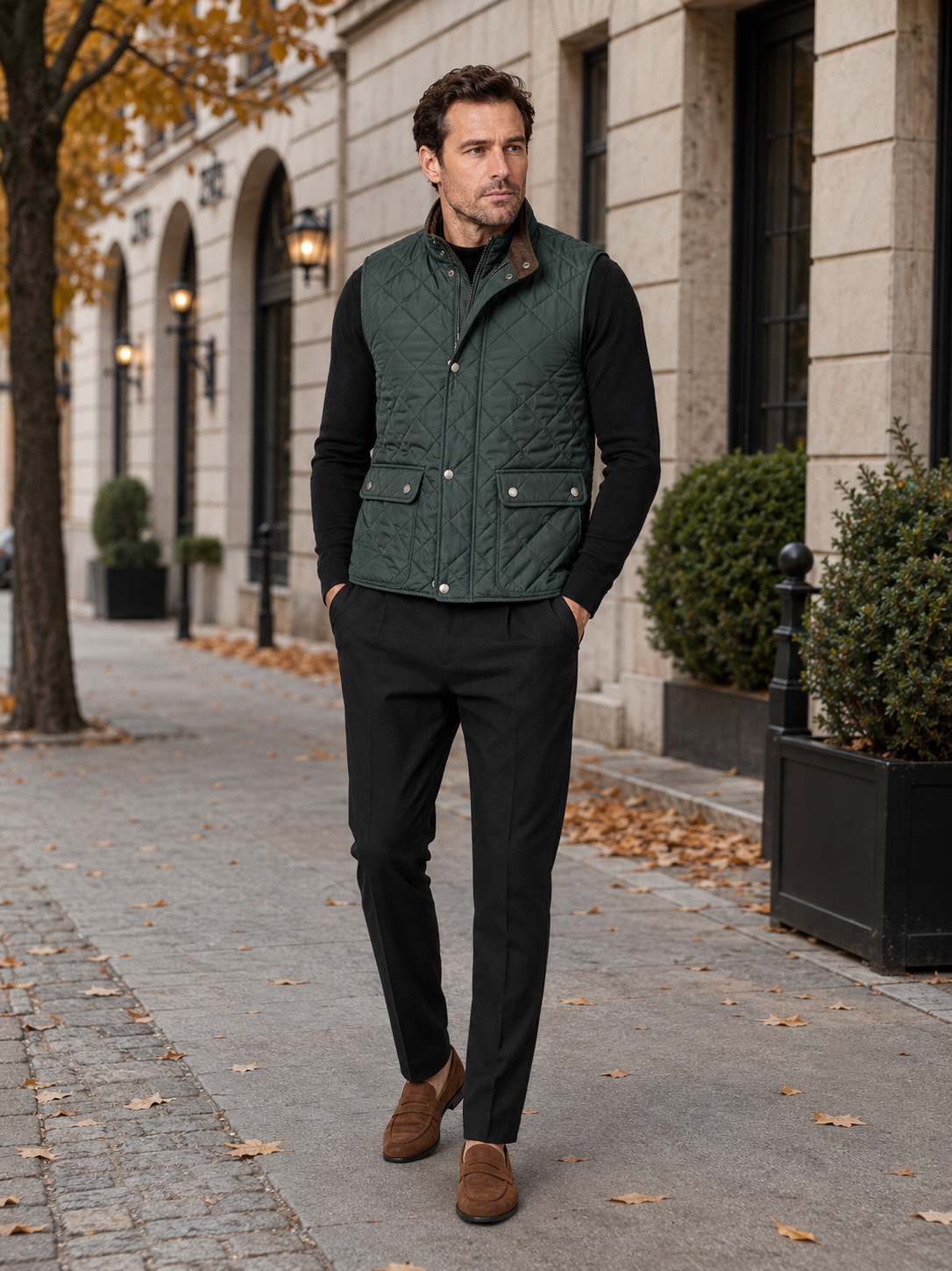 Man wearing a green quilted multi-pocket vest in a casual fall winter outfit for outdoor and everyday wear