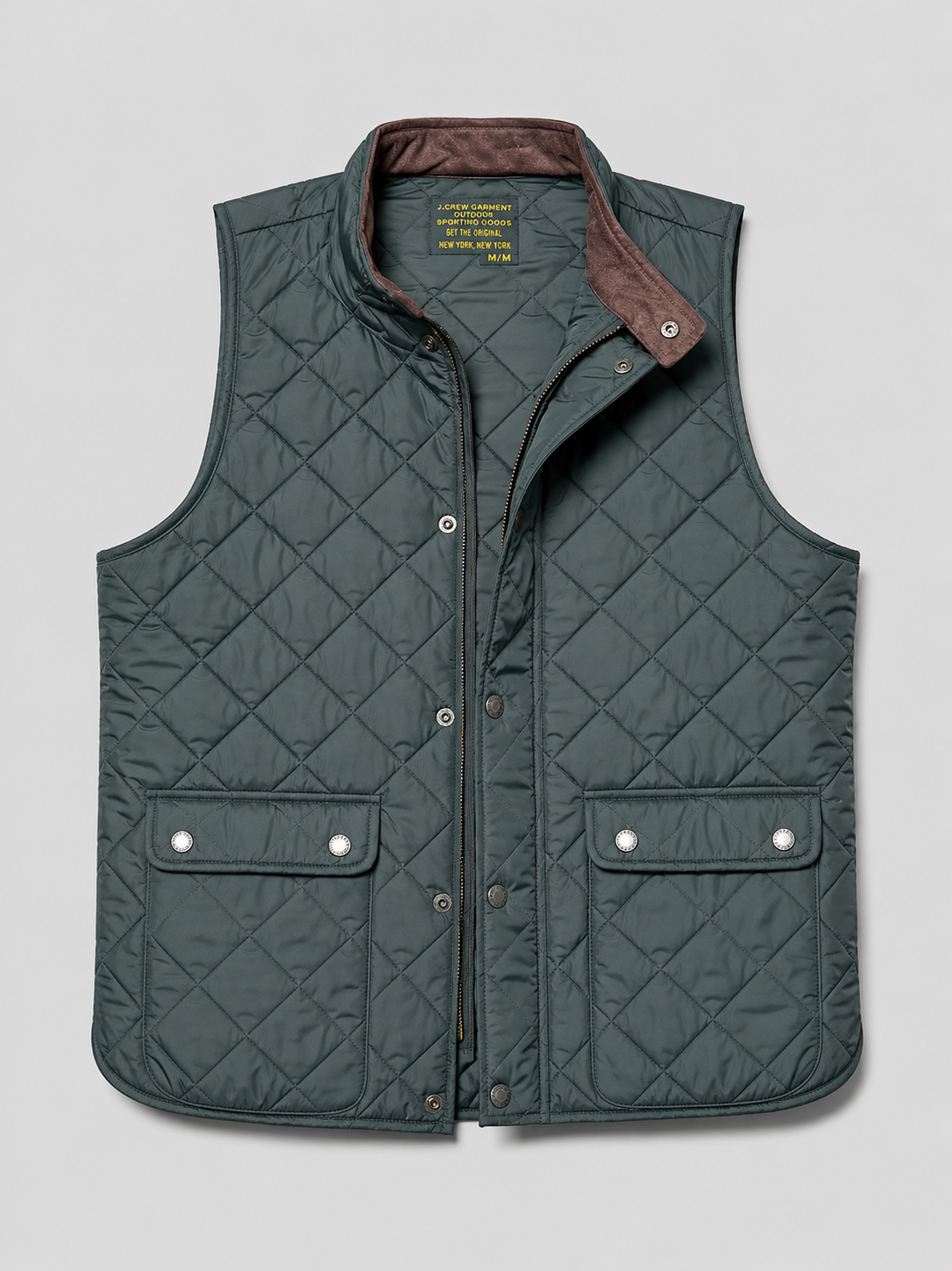 Green men’s thick padded quilted vest with a polo collar and multi-pocket design displayed on a plain background
