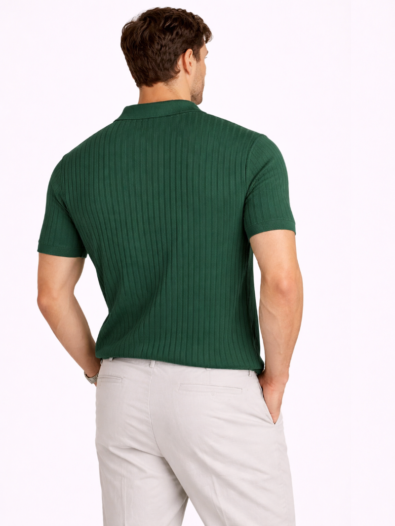 Men’s green ribbed knit polo refined summer style breathable structured knit shirt