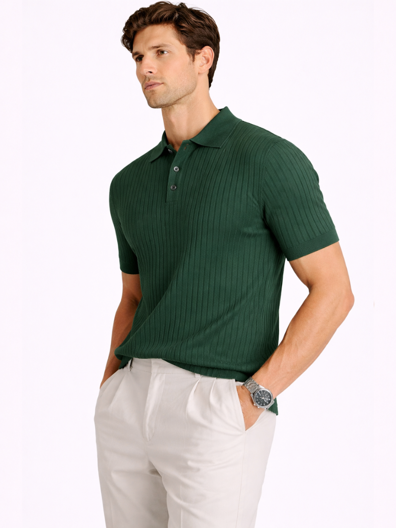 Dark green ribbed knit polo men breathable structured summer shirt refined casual outfit