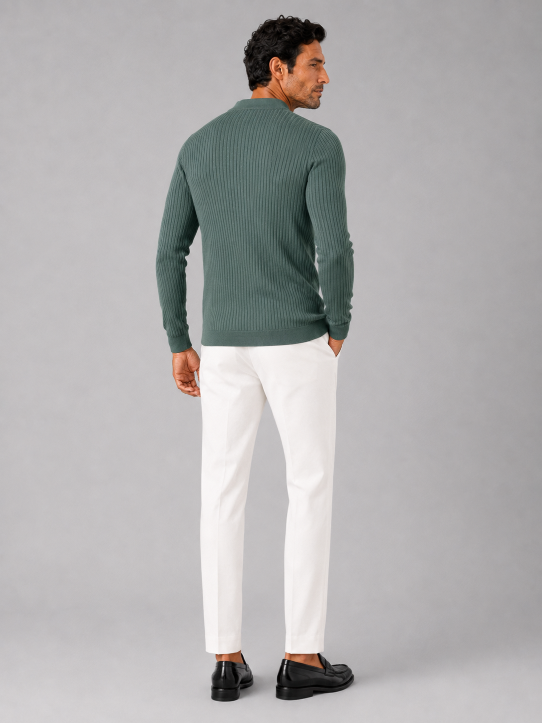 Men’s green ribbed stripe polo shirt comfortable long sleeve knit top for winter wear