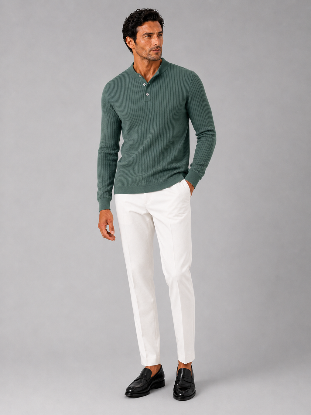 Green slim fit henley polo shirt for men long sleeve business casual autumn top