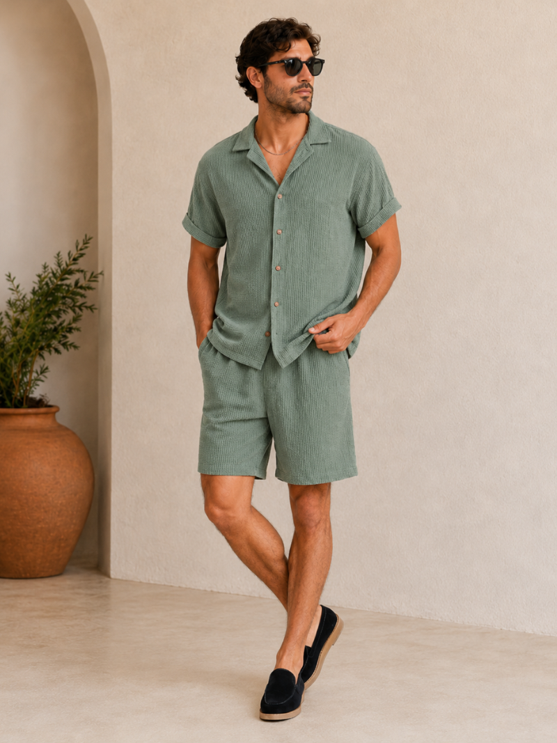 Men wearing green short sleeve shirt and shorts set lightweight breathable summer vacation style