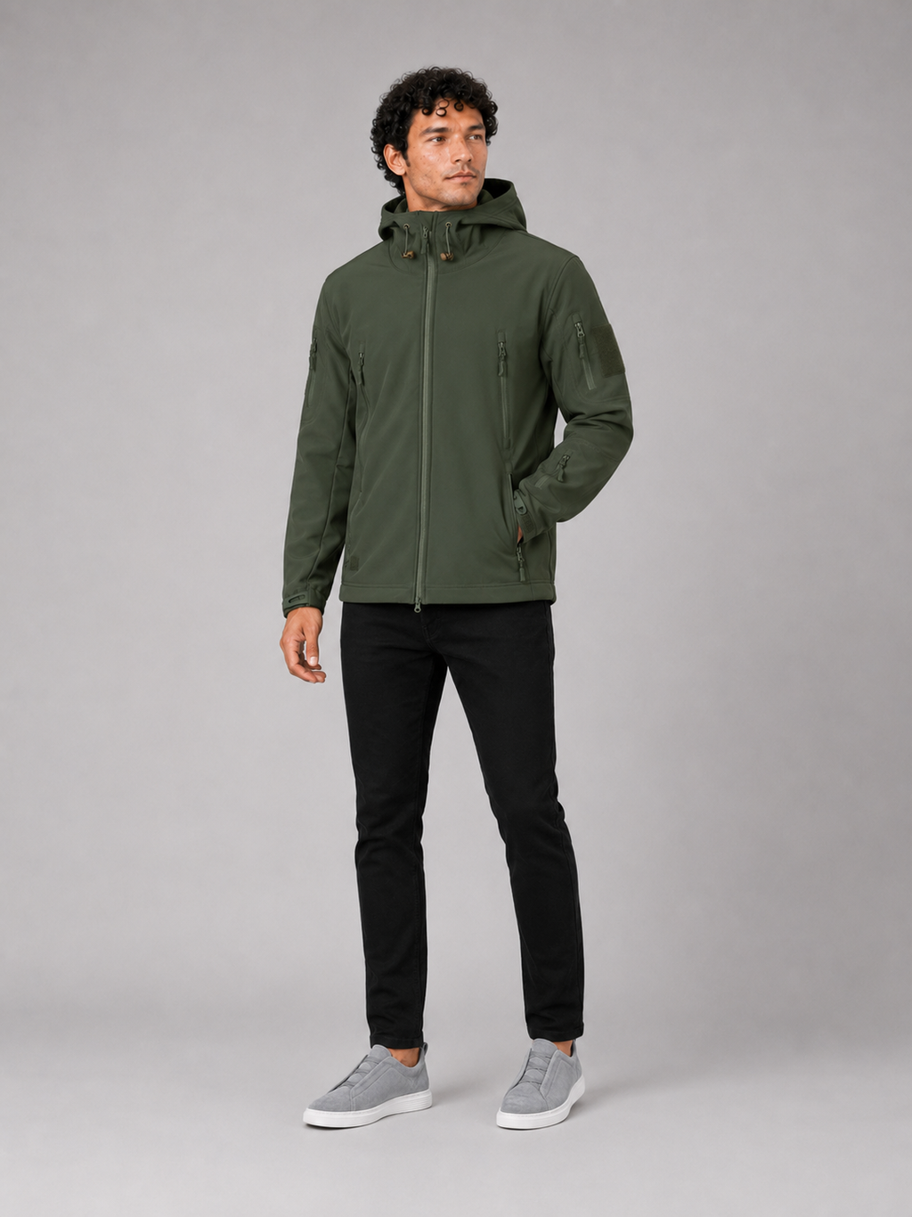 Green tactical workwear jacket for men windproof hooded bomber coat for hiking wear