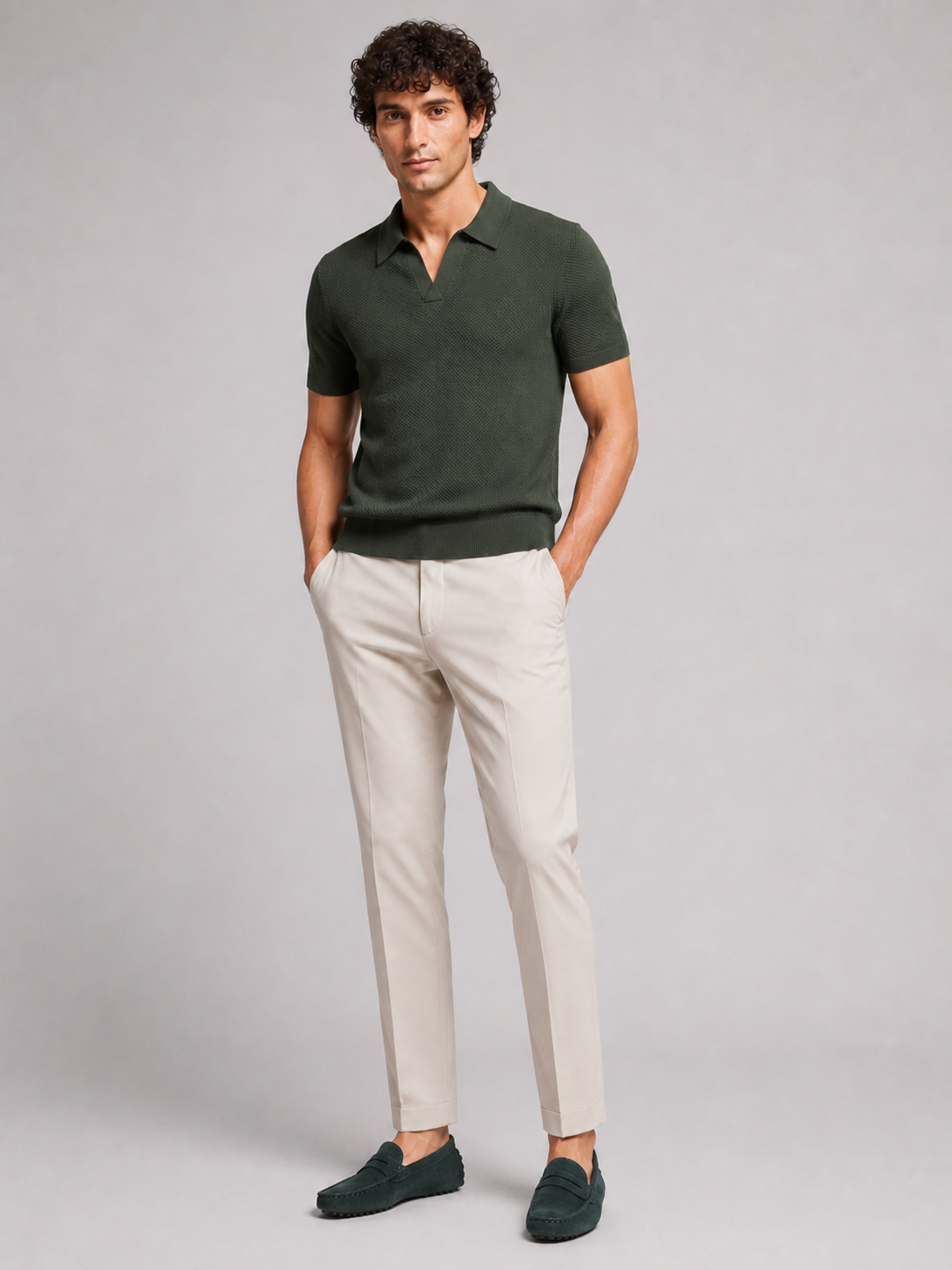 Green short sleeve knit polo for men comfortable lightweight summer casual wear