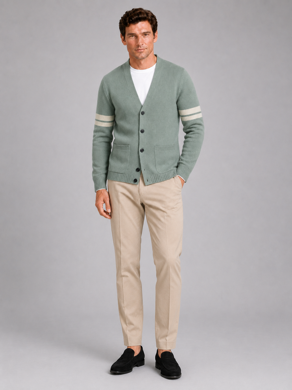 Green striped cardigan sweater for men lightweight spring layer for everyday wear