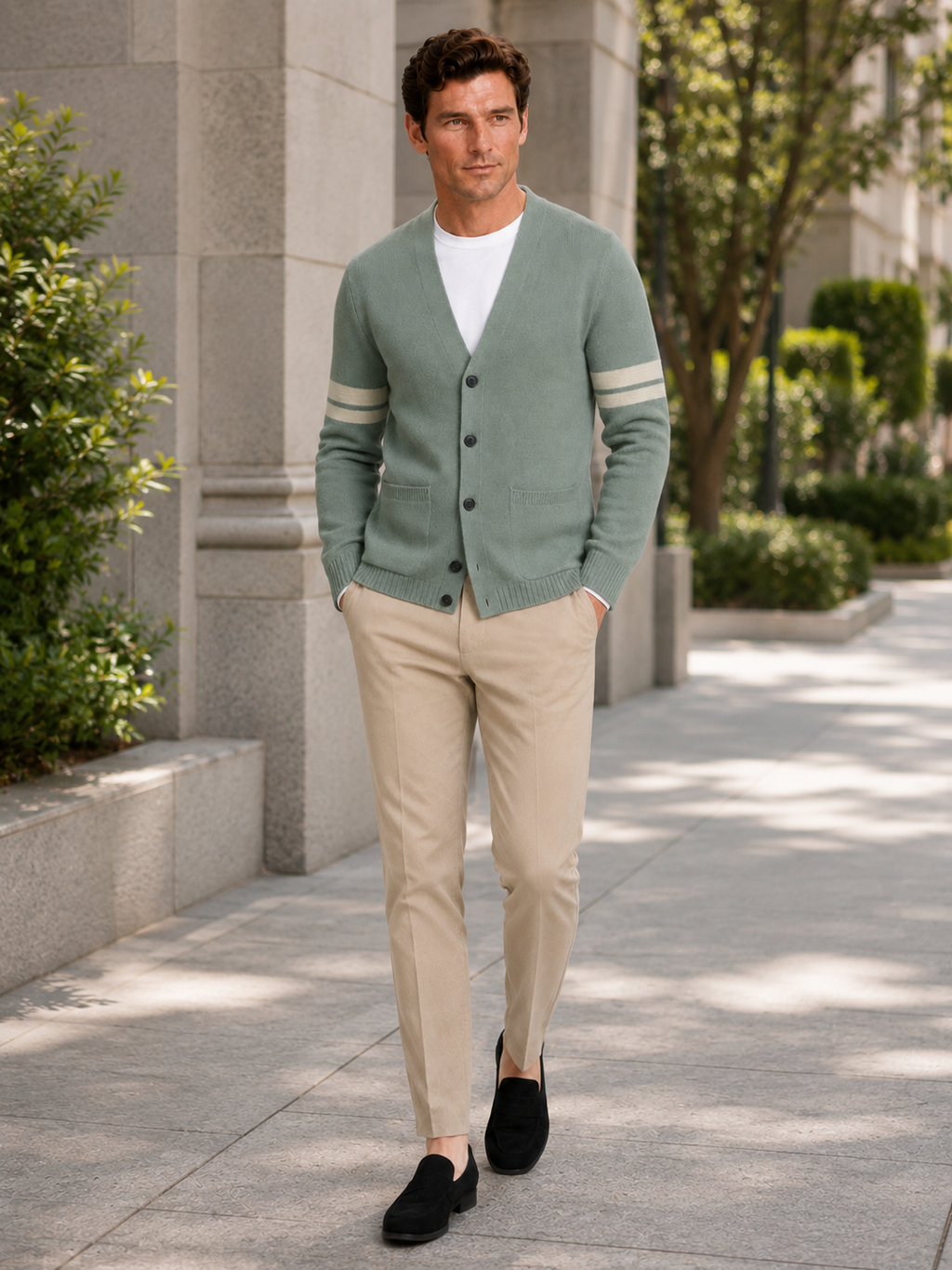 Man styling green striped cardigan sweater in a relaxed spring everyday lifestyle outfit