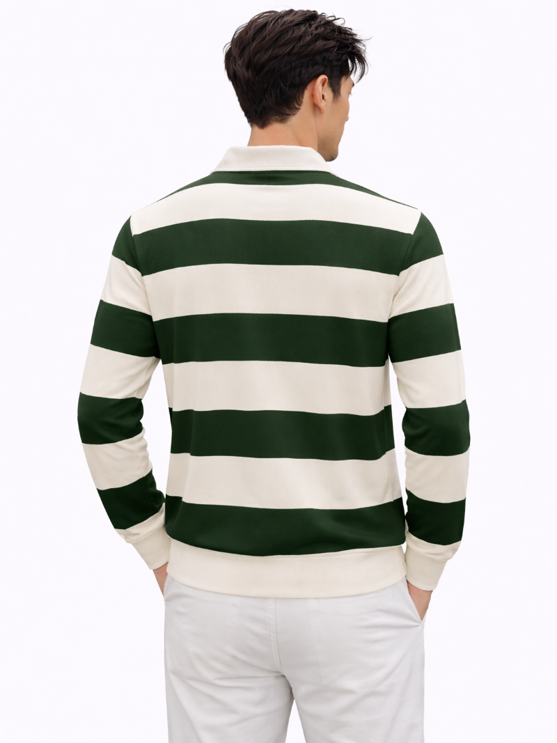 Men’s green and white striped long sleeve rugby polo shirt worn by model, studio shot
