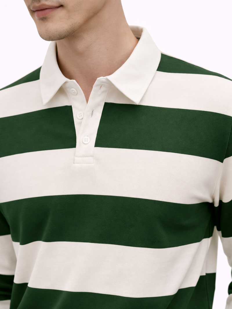 Men’s green and white striped long sleeve rugby polo shirt with classic collar, styled on model