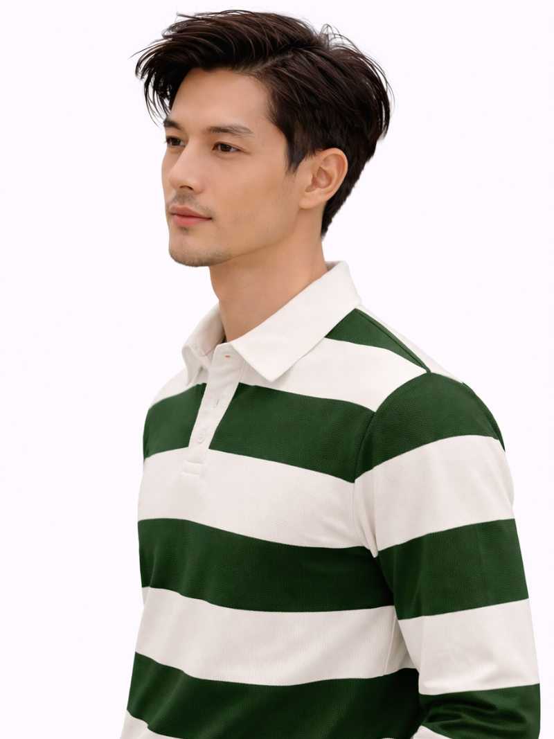Men’s green and white striped long sleeve rugby polo shirt with classic fit, worn by model