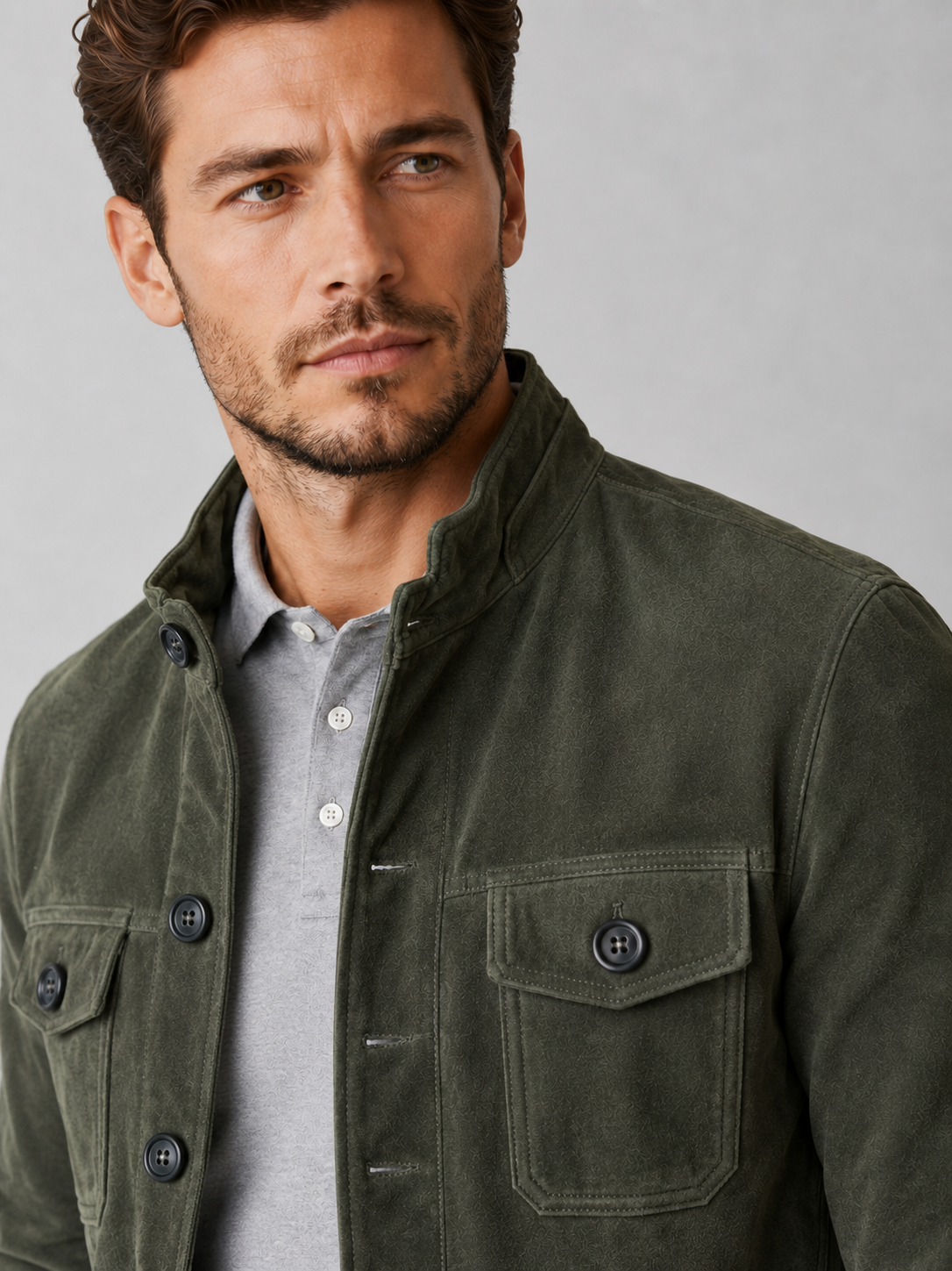 Close up of green suede chore jacket showing soft brushed texture, button front, and utility pocket detail