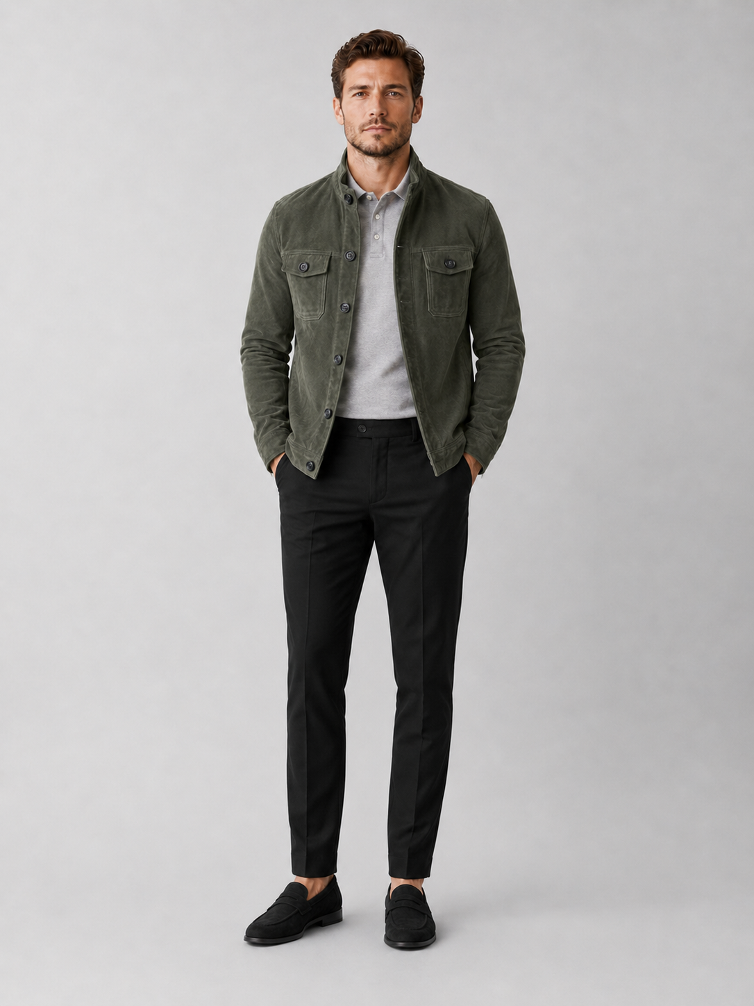 Green suede chore jacket for men casual fall outerwear for daily wear and outdoor use