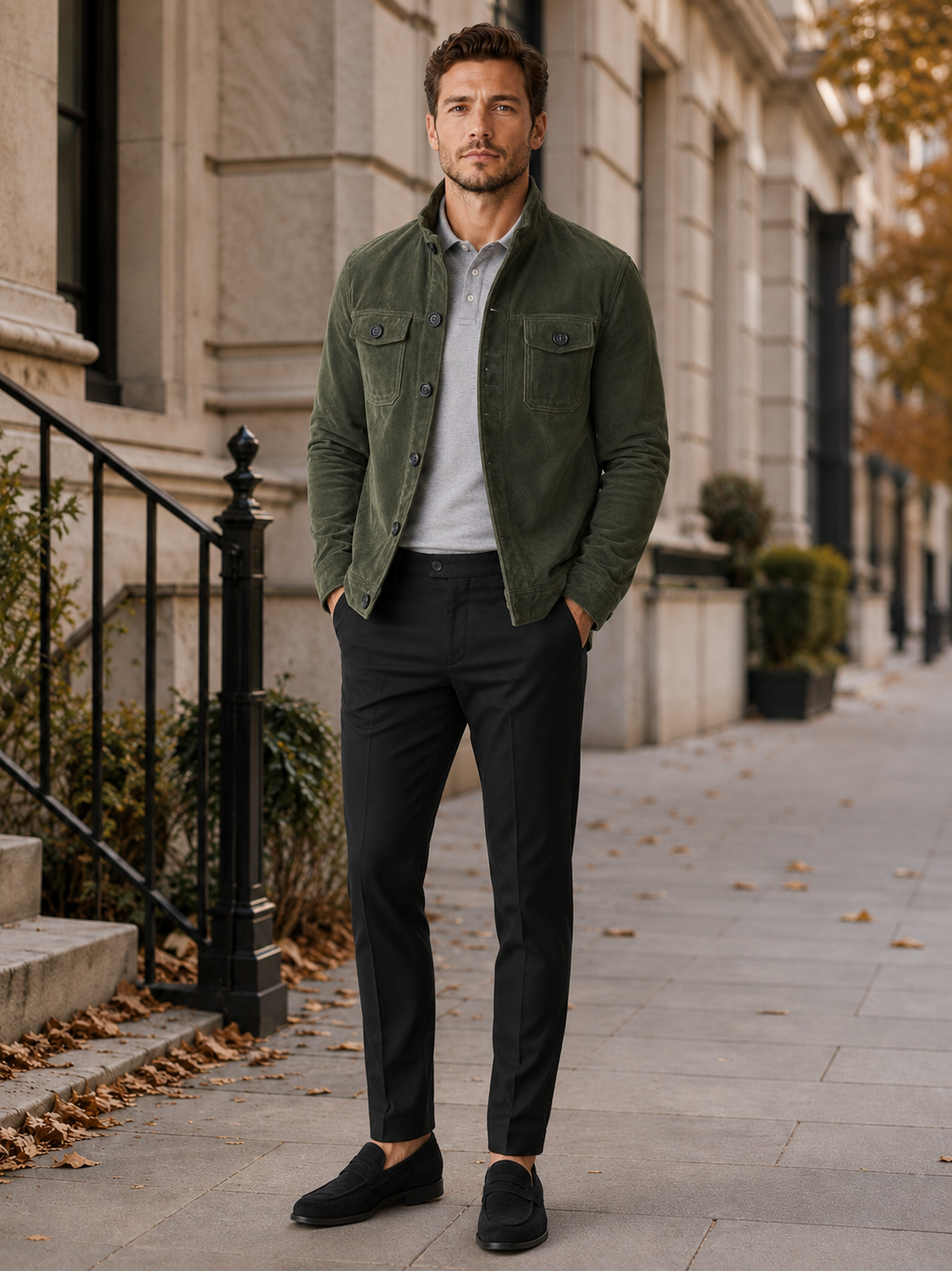 Man styling green suede chore jacket in a rugged outdoor and streetwear lifestyle outfit