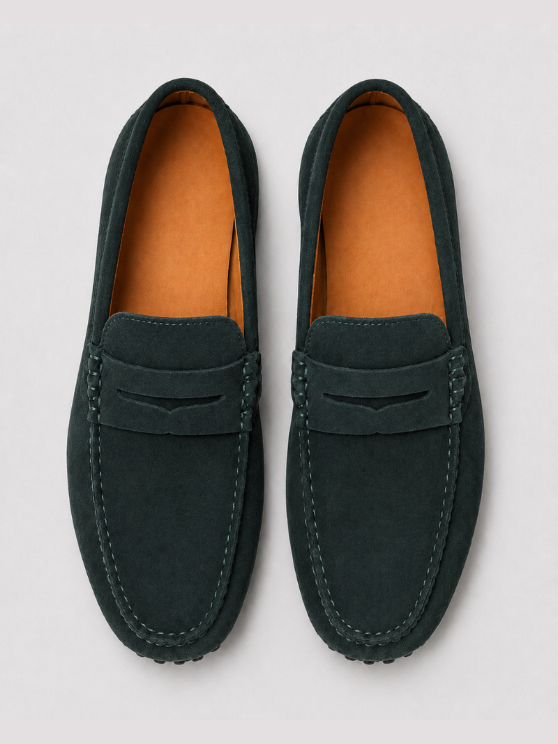 Men’s green suede loafers handmade slip on moccasins soft comfortable smart casual footwear