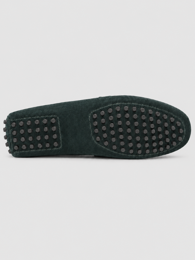 Green suede penny loafers lightweight driving shoes refined moc toe style for everyday wear