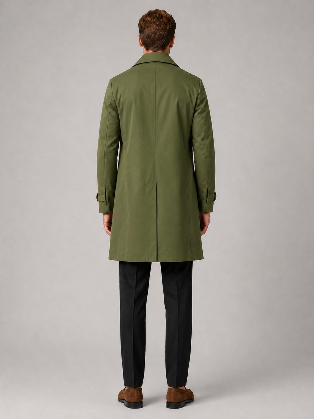 Men’s green double breasted trench coat comfortable fall outerwear for casual and commuting outfits