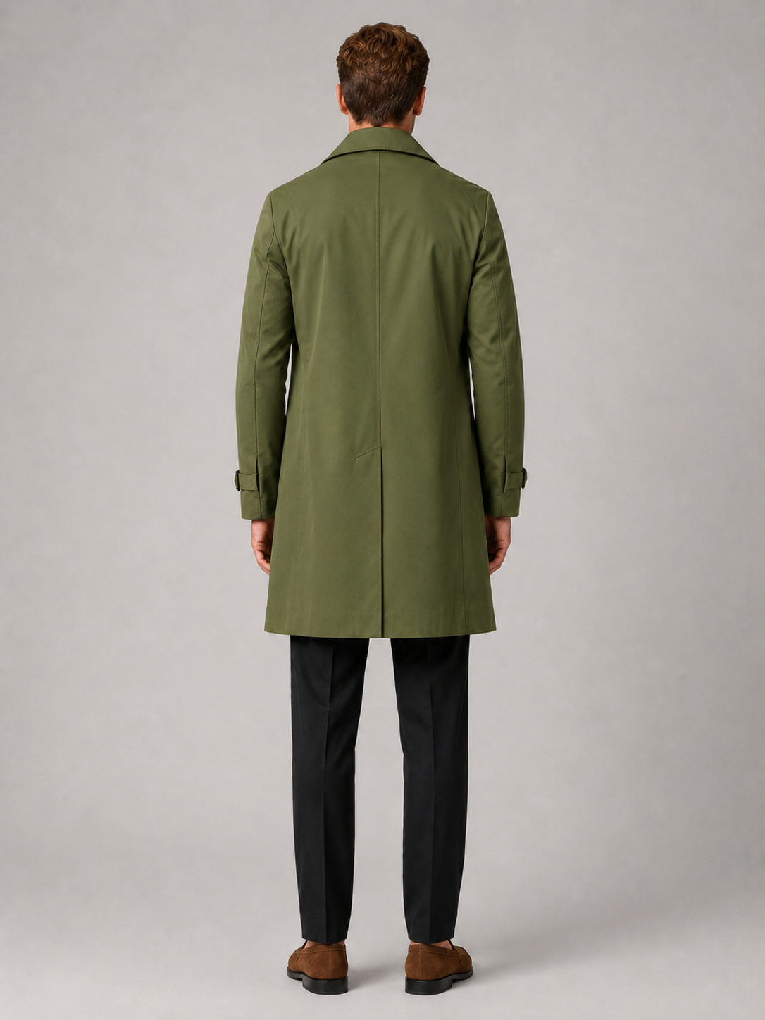 Men’s green double breasted trench coat comfortable fall outerwear for casual and commuting outfits