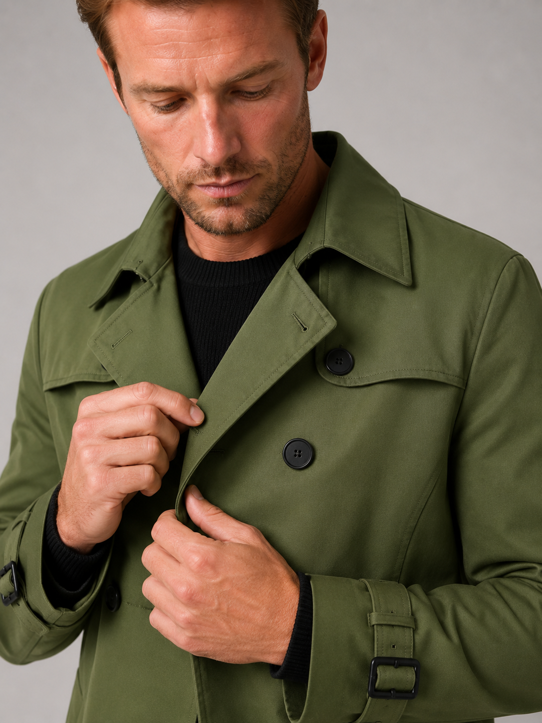 Close up of green trench coat showing double breasted front, structured lapel, and premium fabric detail