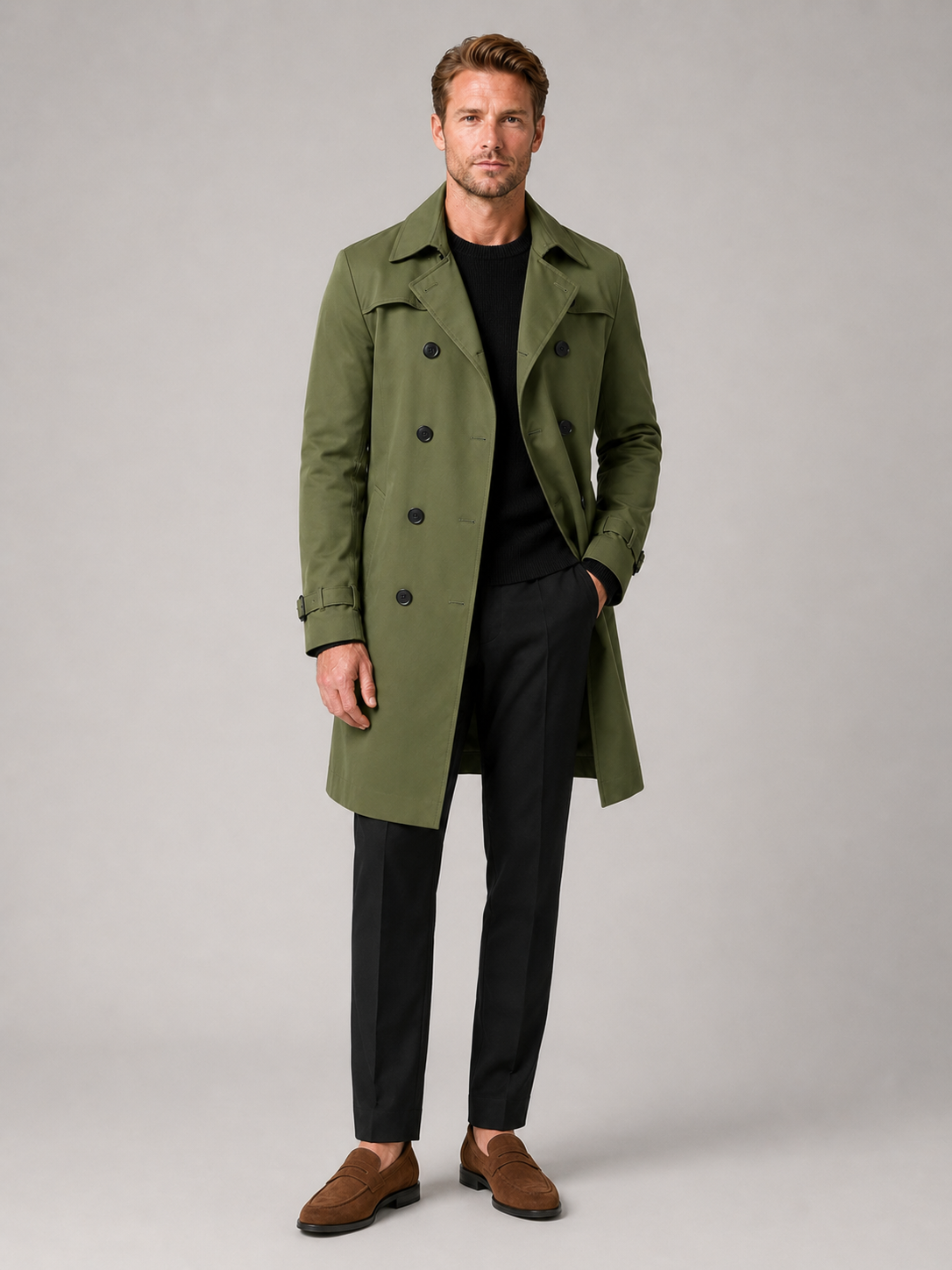 Green knee length trench coat for men windproof long coat for outdoor and everyday wear