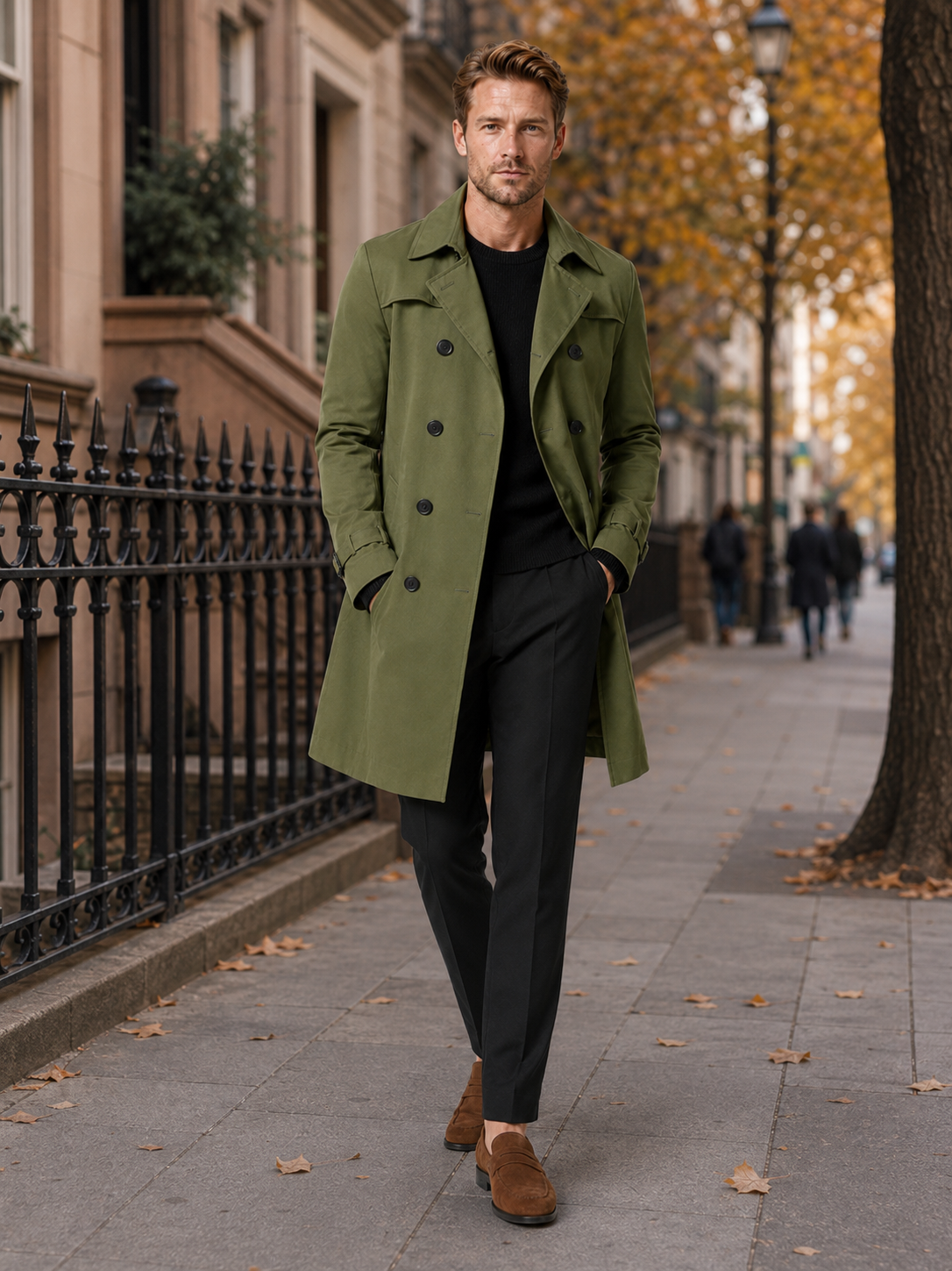 Man styling green trench coat in a rugged outdoor and everyday lifestyle outfit