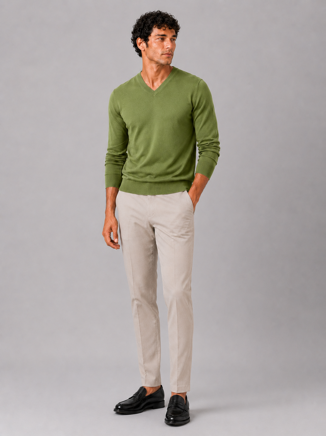 Green v neck sweater for men slim fit long sleeve pullover for everyday fall wear