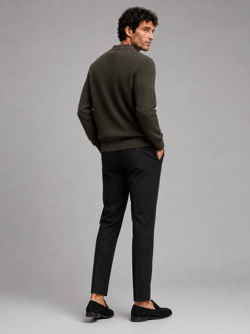 Men’s army green thick knit sweater warm long sleeve top for business casual outfits