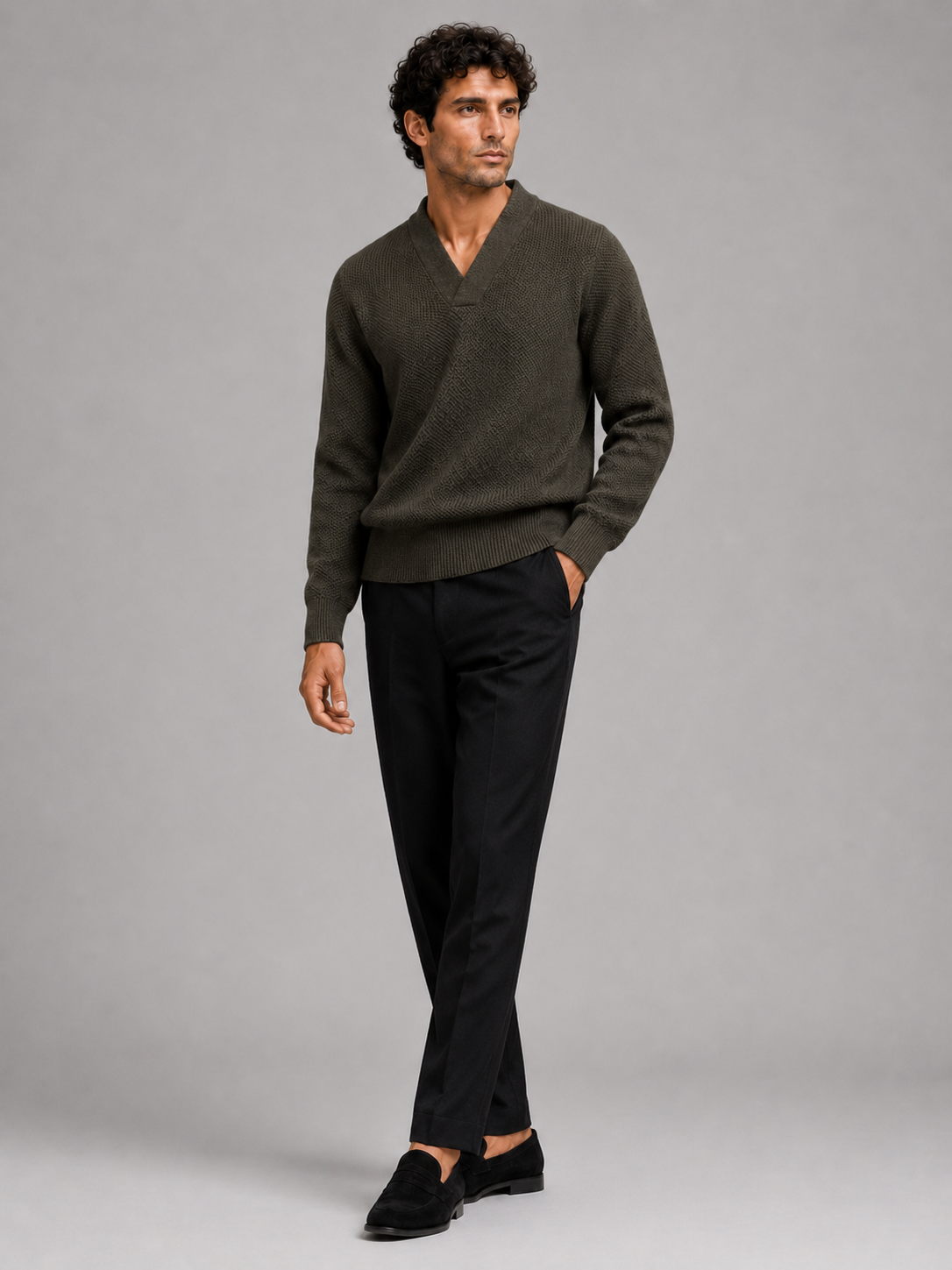 Army green v neck sweater for men heavyweight pullover for fall winter everyday wear