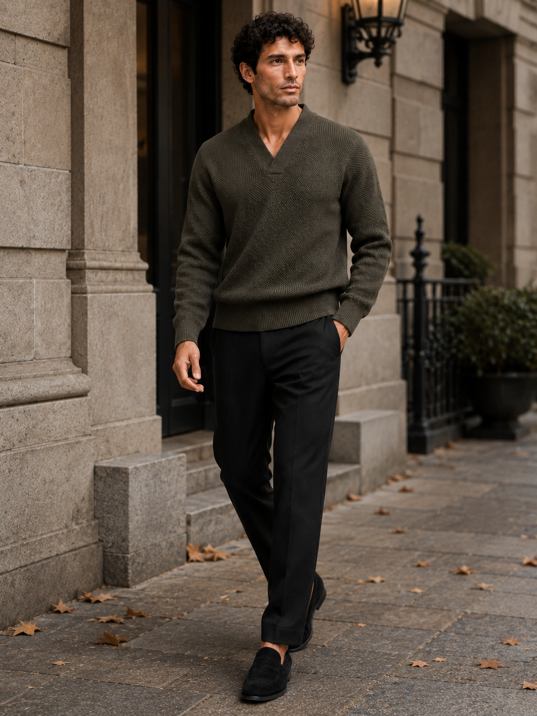Man styling army green v neck heavyweight sweater in a refined fall winter lifestyle outfit