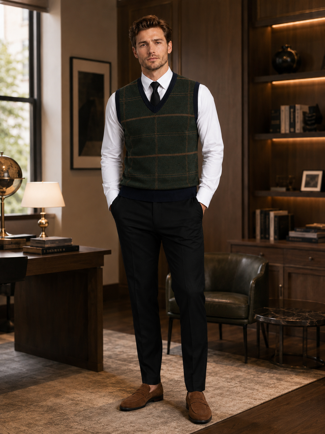Man wearing a green diamond cable knit sweater vest over a collared shirt in a classic business casual fall winter outfit