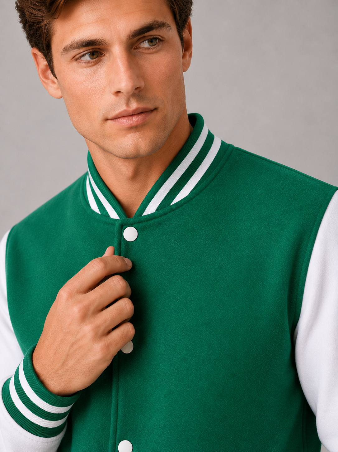 Close up of green varsity jacket showing soft fleece lining, color block design, and snap button detail