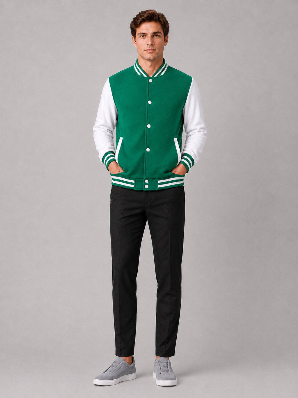 Green fleece lined varsity jacket for men warm baseball outerwear for casual everyday wear