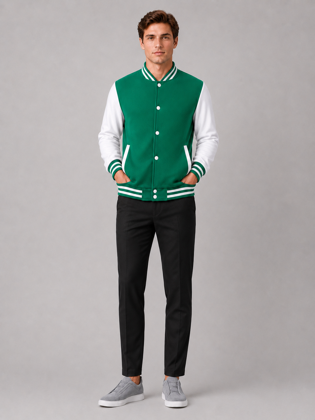 Green fleece lined varsity jacket for men warm baseball outerwear for casual everyday wear