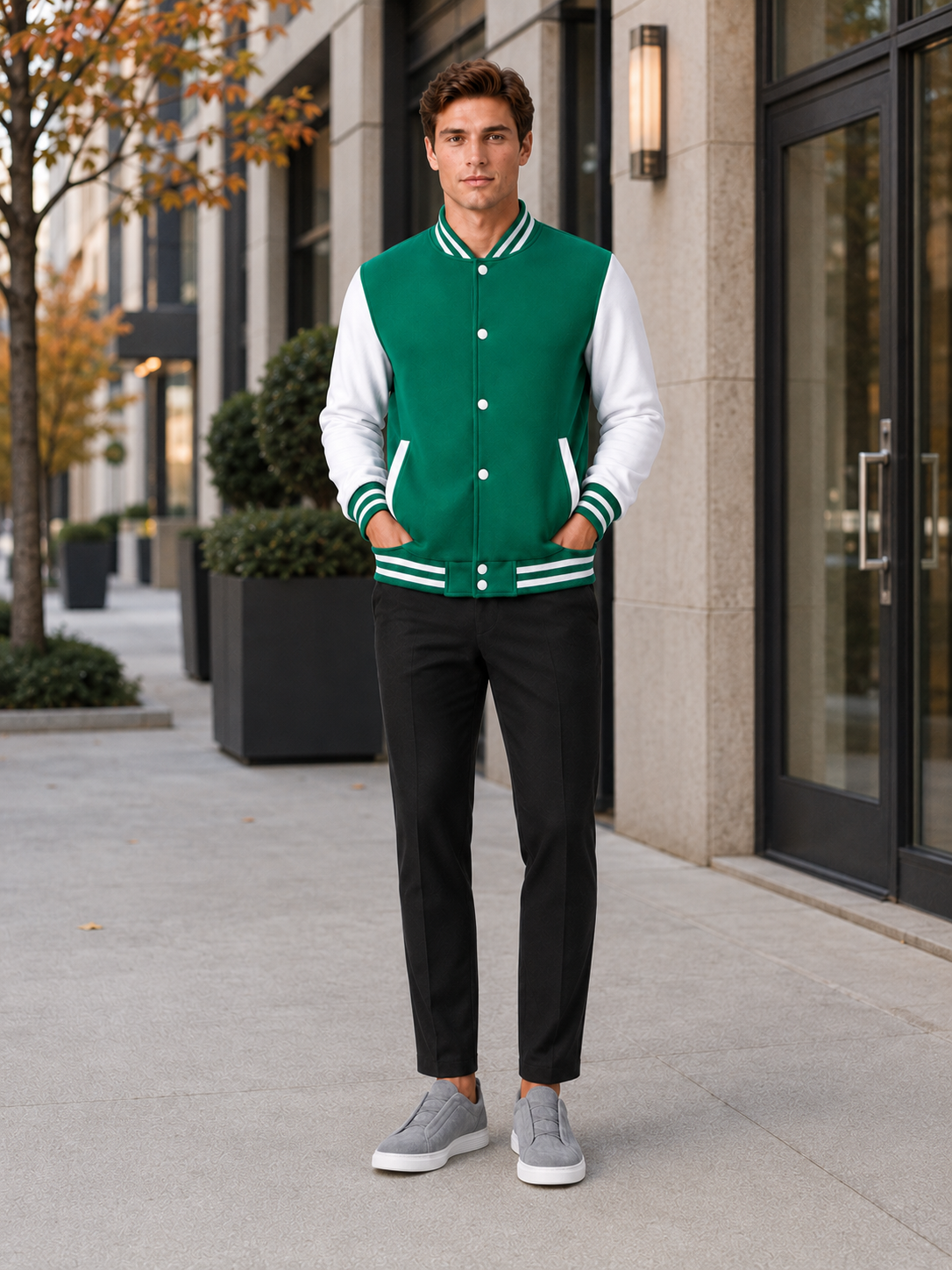 Man styling green varsity jacket in a relaxed streetwear and everyday winter outfit
