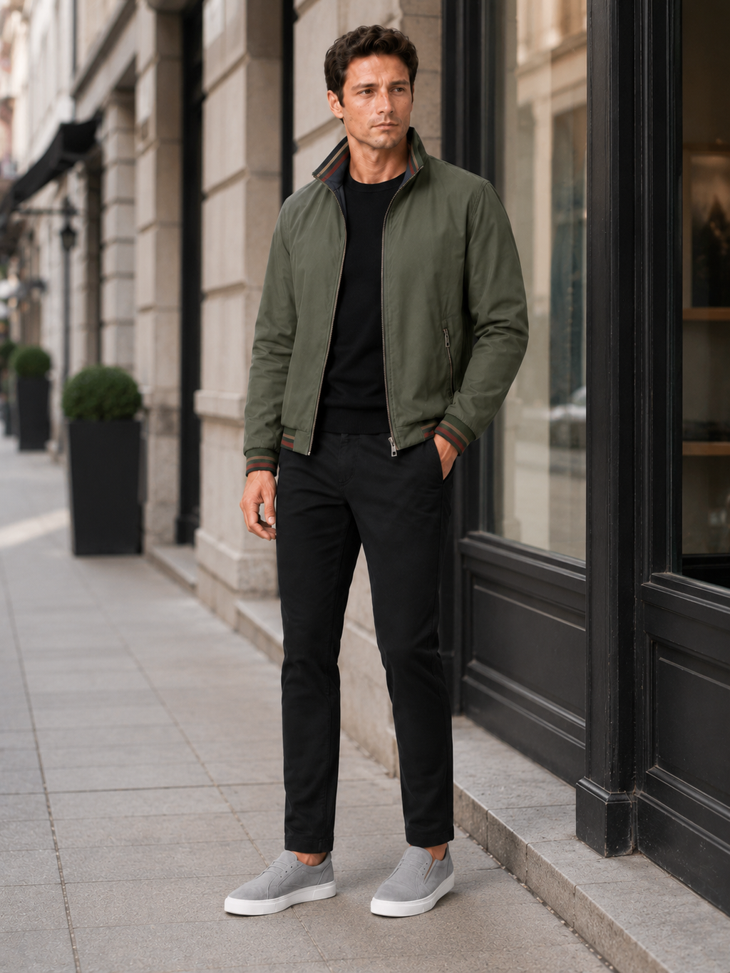 Man styling green varsity jacket in a rugged streetwear and everyday lifestyle outfit