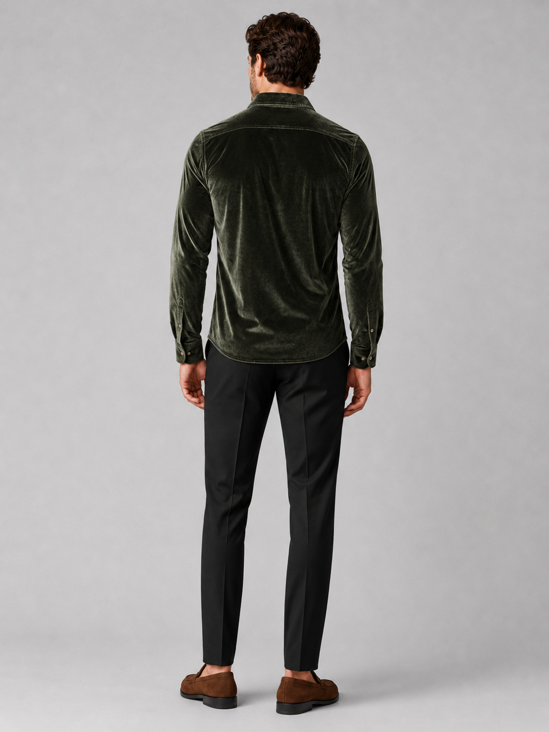 Men’s green velvet shirt comfortable fall winter top for parties, dinners, and evening outfits