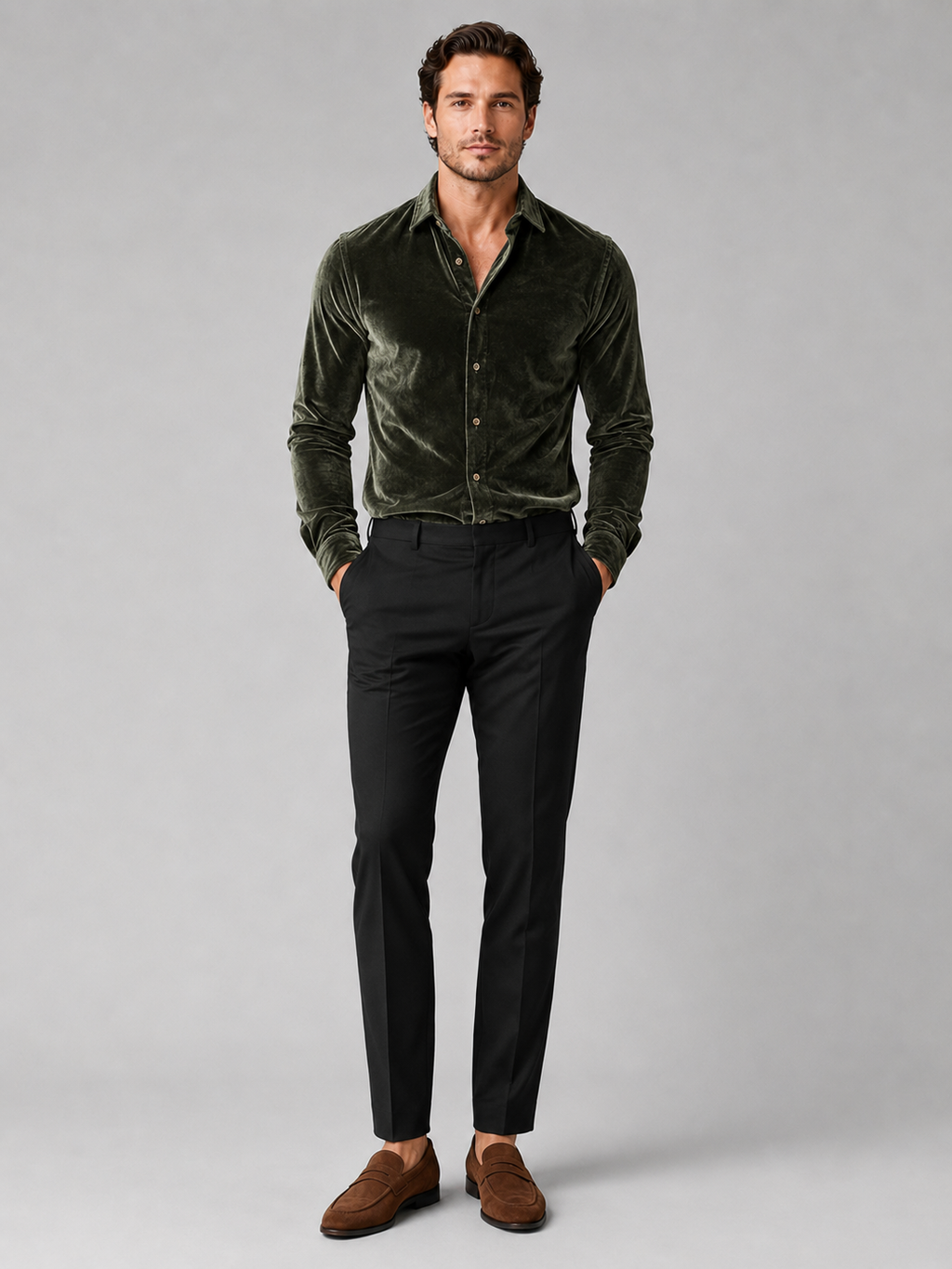 Green velvet button up shirt for men long sleeve evening top for business casual wear